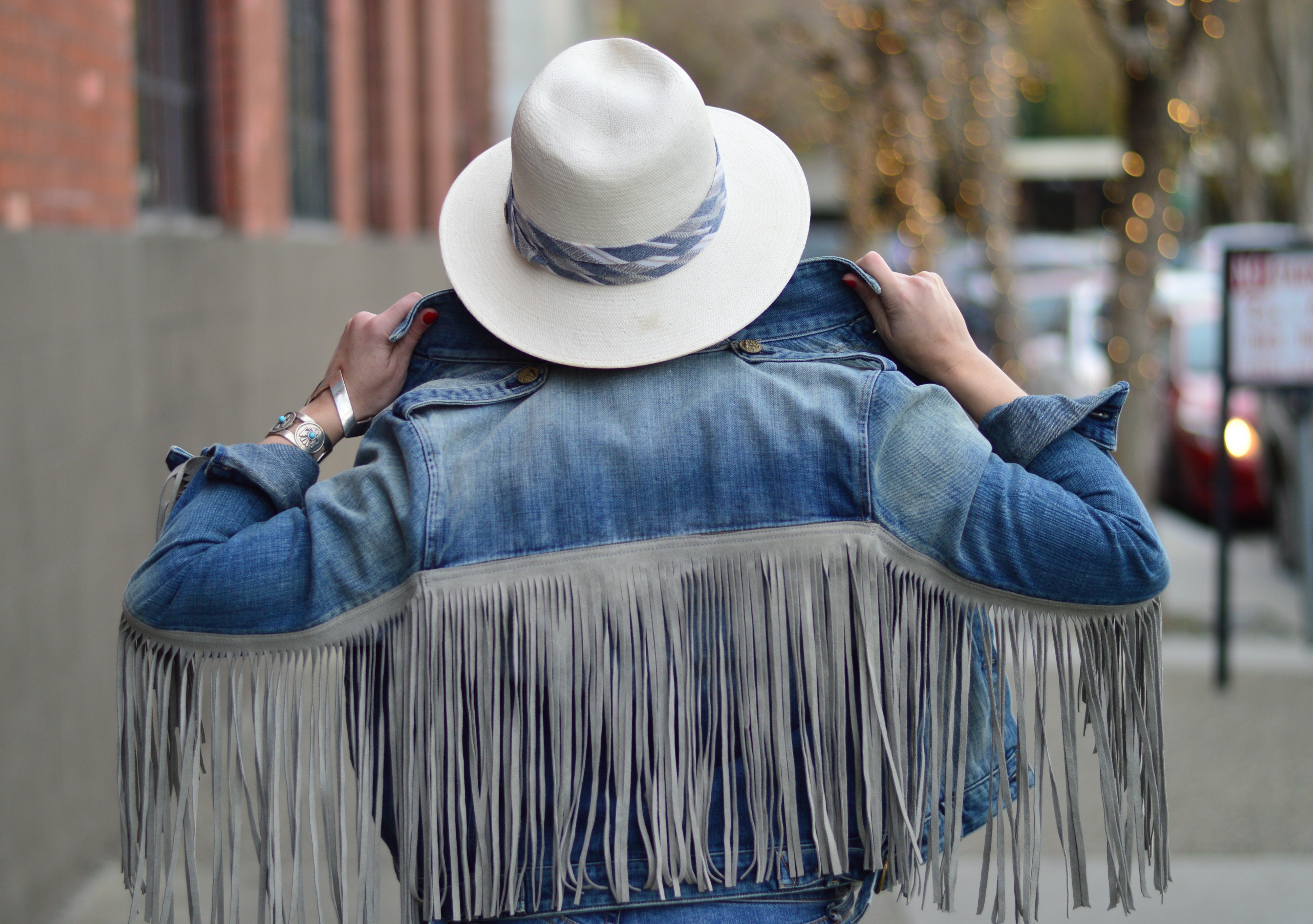 jean jacket with leather fringe